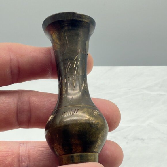 Vintage Etched Brass Miniature Vase 3 Inches Tall Antique Collectible Bud - Picture 4 of 11